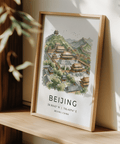 Graphic travel poster print with Beijing title text, coordinates, and architectural scene