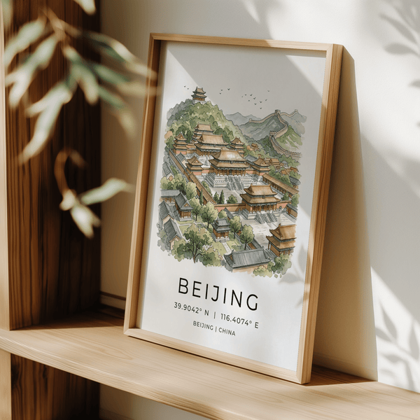 Graphic travel poster print with Beijing title text, coordinates, and architectural scene