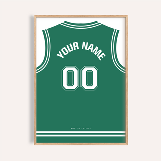 Front-facing Boston Celtics Basketball Jersey Poster with green jersey back graphic and white number 00