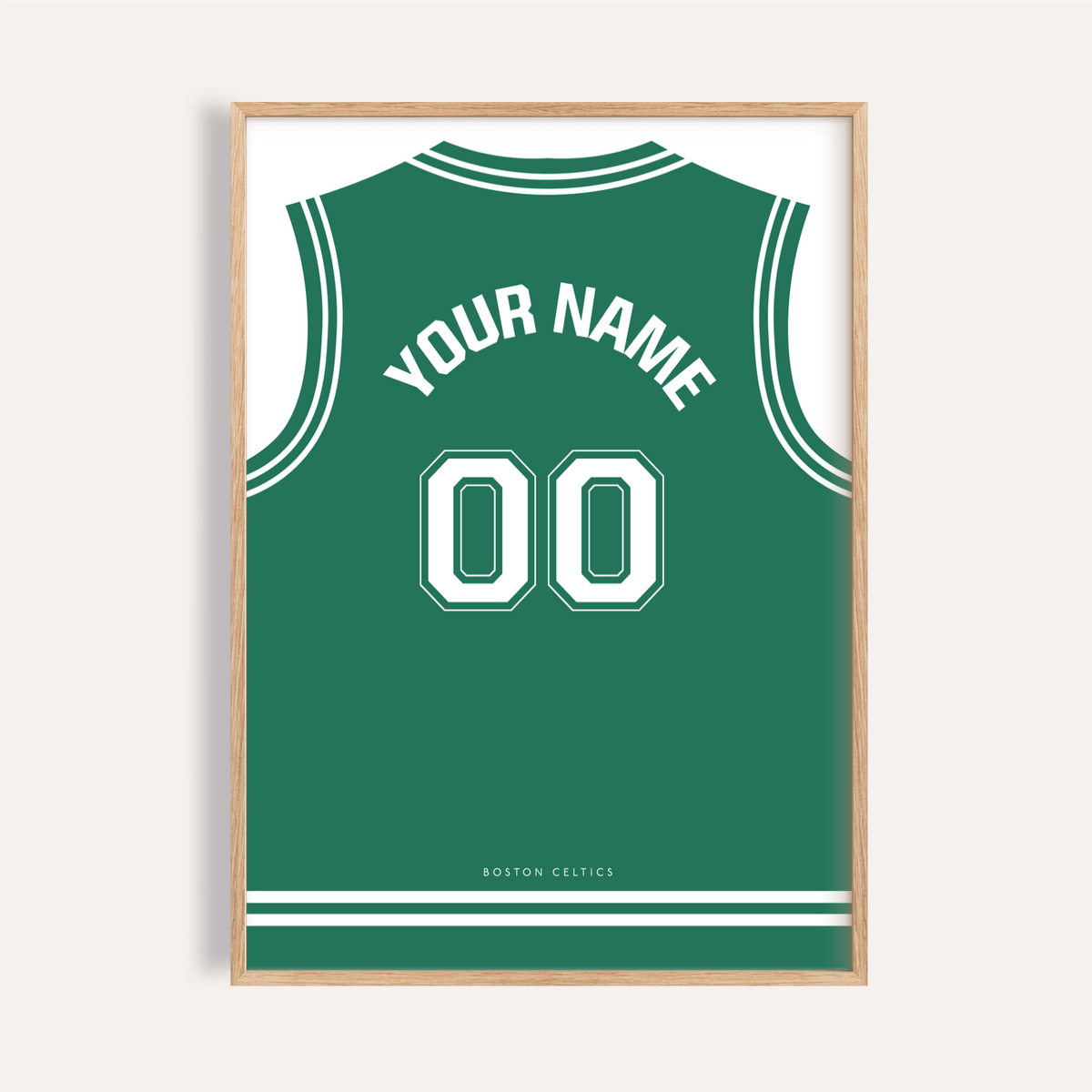 Front-facing Boston Celtics Basketball Jersey Poster with green jersey back graphic and white number 00