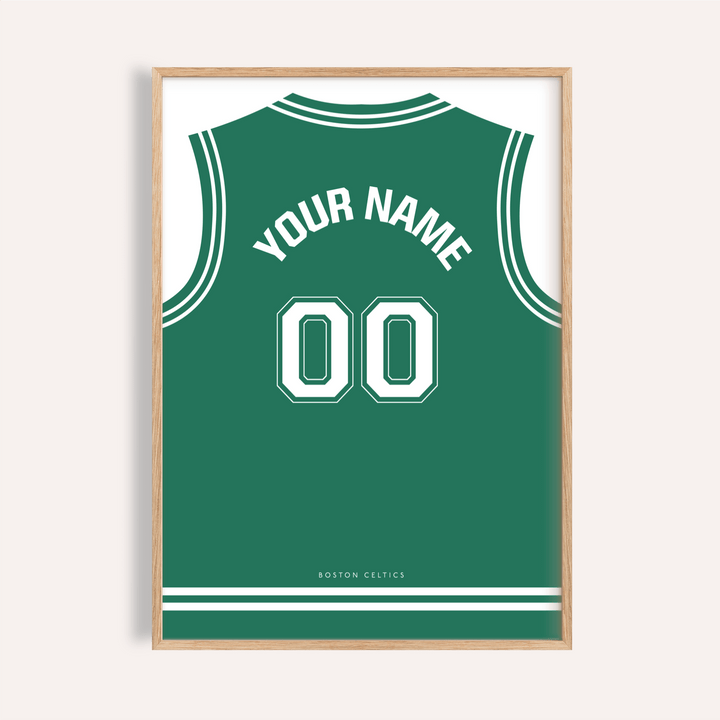 Front-facing Boston Celtics Basketball Jersey Poster with green jersey back graphic and white number 00