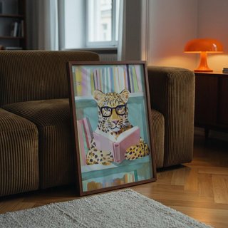 Illustrated leopard wall art with open book foreground and rows of books behind