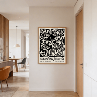 Graphic music room wall art showing layered silhouettes of trumpet, piano, and double bass