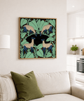 Graphic animal poster showing symmetrical deer arrangement with negative space center