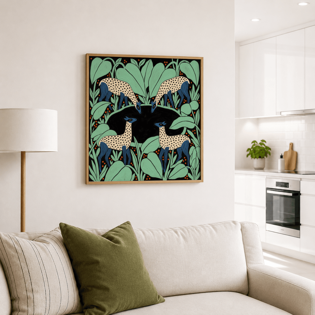 Graphic animal poster showing symmetrical deer arrangement with negative space center