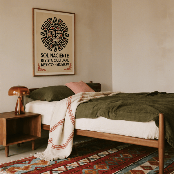 Graphic sun mask print with Spanish text poster