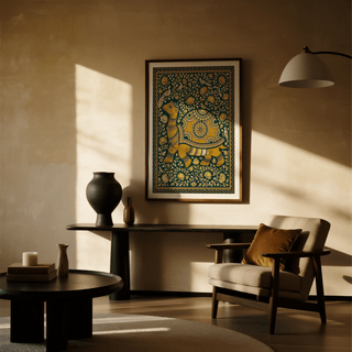 Framed-look turtle print design with intricate border and repeating botanical motifs