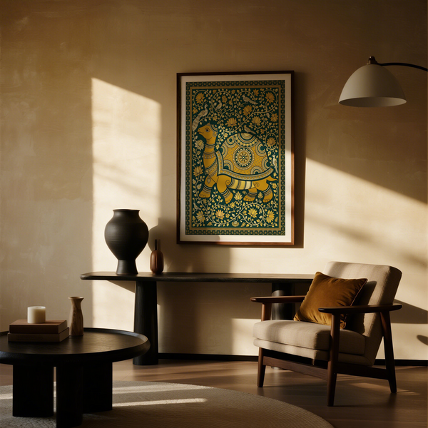Framed-look turtle print design with intricate border and repeating botanical motifs