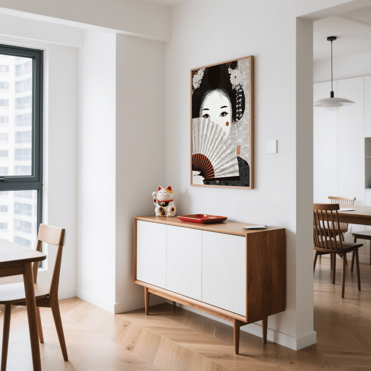 Japanese Geisha Art Print with soft gray accents for entryway print