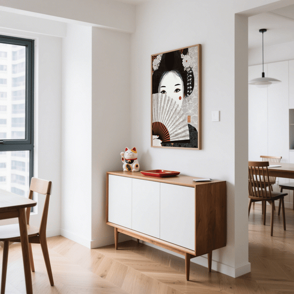Japanese Geisha Art Print with soft gray accents for entryway print