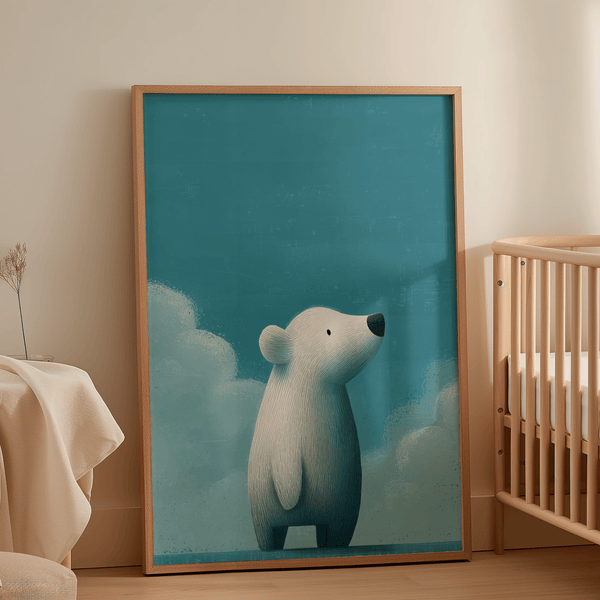 Blue and White Cute Polar Bear Print, whimsical poster for toddlers