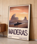 Retro travel design with bold Maderas header, small Nicaragua and map coordinates