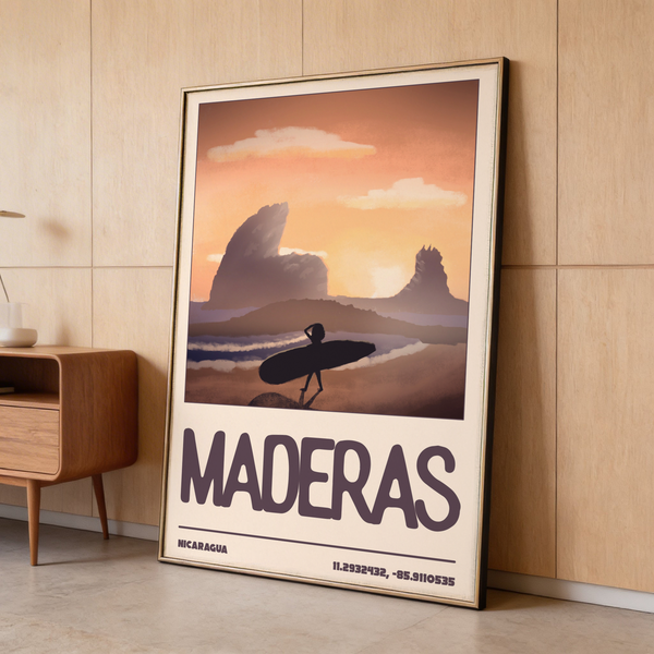 Retro travel design with bold Maderas header, small Nicaragua and map coordinates
