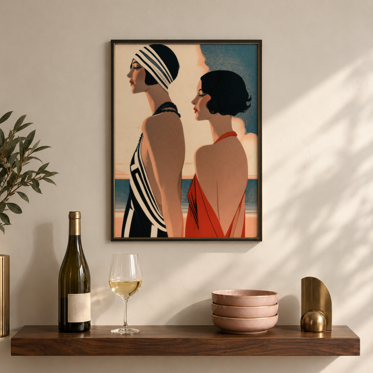 Art Deco Riviera Fashion Print wall art with two profile figures and graphic swimwear near the coast