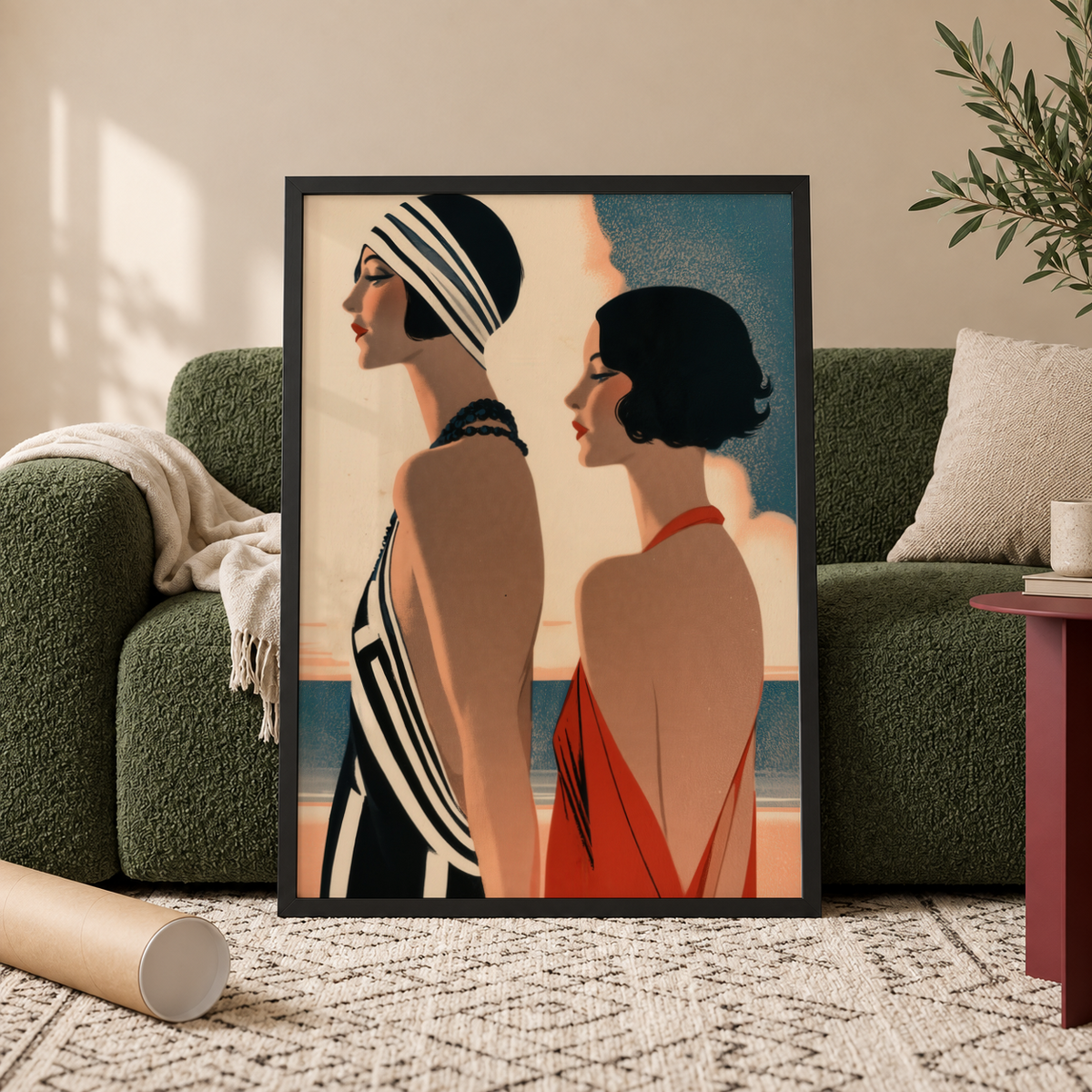 Cropped fashion wall art print focusing on neckline, beaded necklace, and smooth shaded skin tones