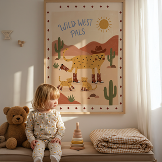 Hand-lettered "Wild West Pals" kids poster with cheetah family, sun icon, and cactus silhouettes