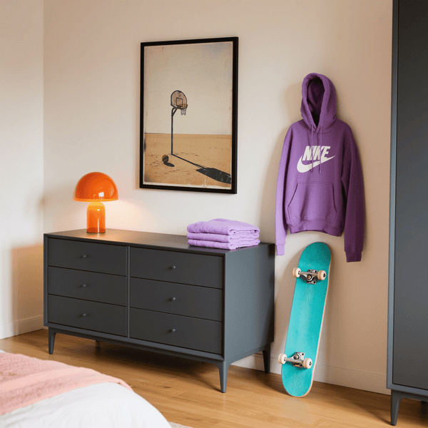 Retro sports wall art featuring orange rim against soft white sky