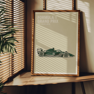 Close-up of the illustrated racing car body and number 22 on a retro poster print