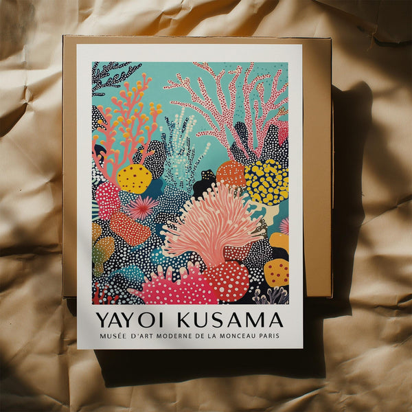 Bright wall art print showcasing layered coral shapes in vibrant hues