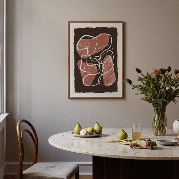 Abstract Earth Tone Print wall art poster with central organic forms and looping white contour line