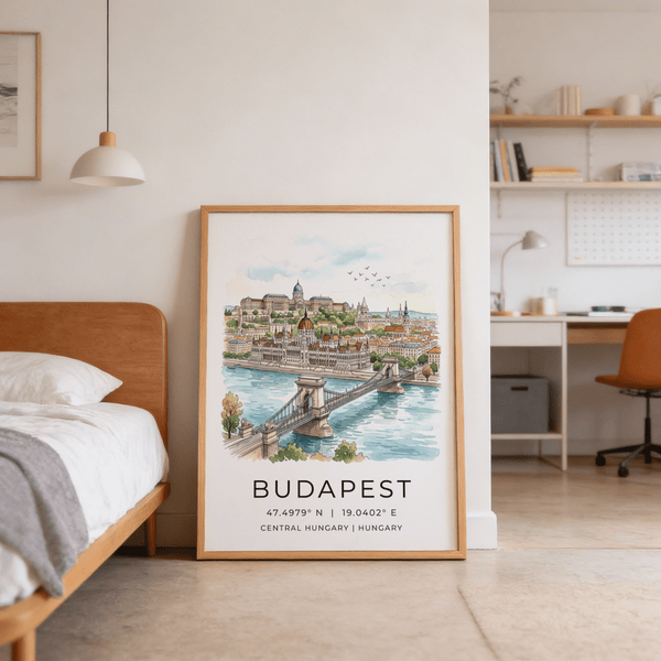 Close-up of Budapest Cityscape Wall Art typography with coordinates beneath