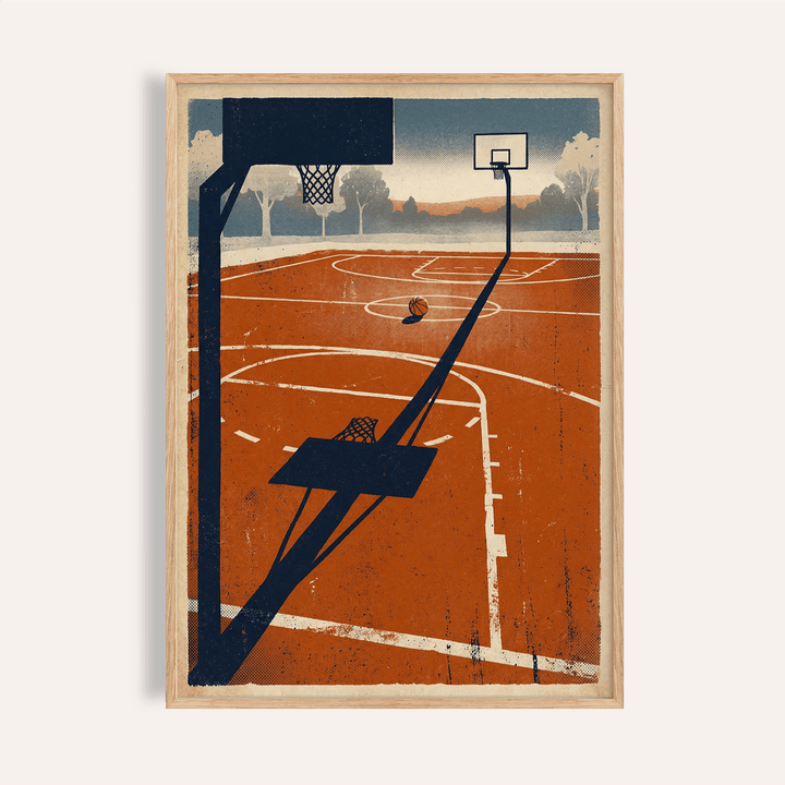 Framed-style view of Outdoor Sports Wall Art basketball court poster with two hoops