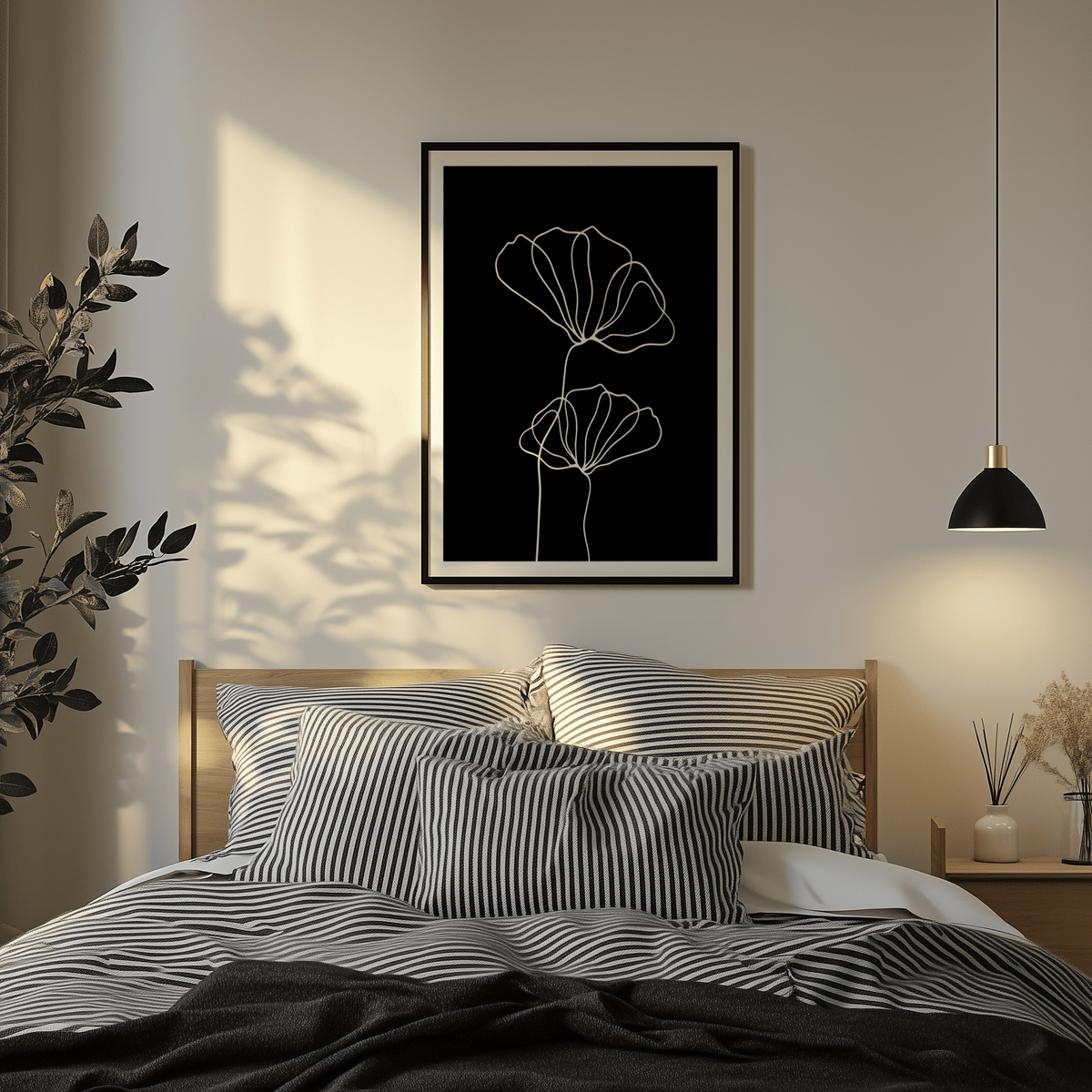 Minimal floral line drawing of twin blossoms on dark field
