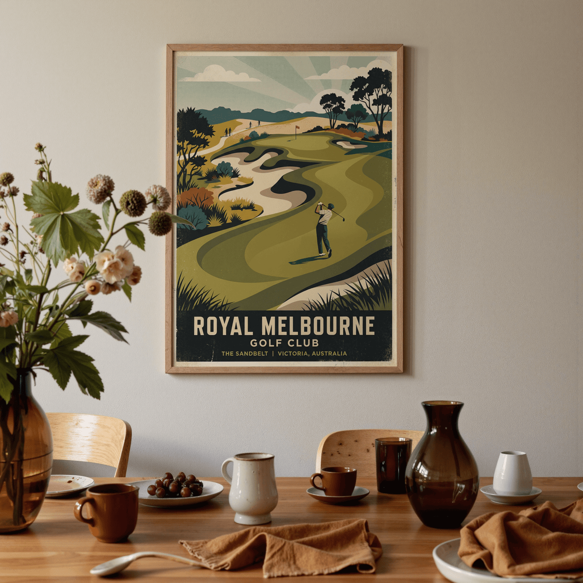 Royal Melbourne Golf Art wall art with putting green, flagstick, and sculpted sandbelt-style bunkers