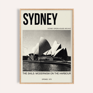 Front view of Sydney Opera House Art Print with bold SYDNEY headline over harbour water