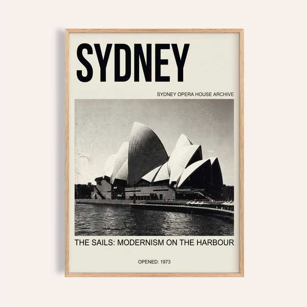 Front view of Sydney Opera House Art Print with bold SYDNEY headline over harbour water