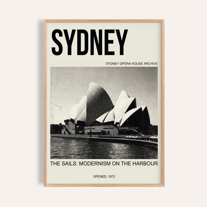 Front view of Sydney Opera House Art Print with bold SYDNEY headline over harbour water