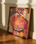 Cozy Ramen Cat Print in Pink and Orange for entryway art