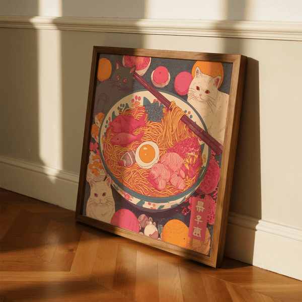 Cozy Ramen Cat Print in Pink and Orange for entryway art