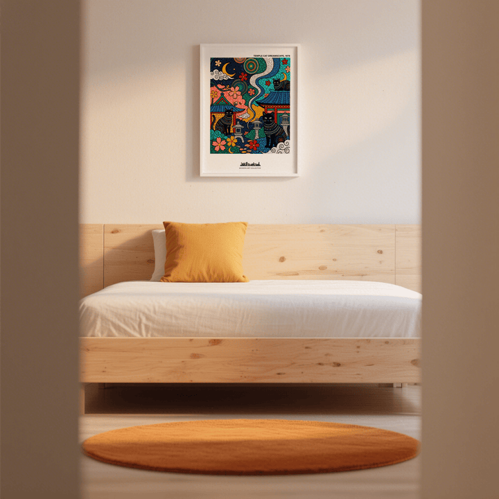 Print on a wall of Japanese cat wall art with black cats and colourful floral folk-art designs in a bedroom with orange cushion and rug