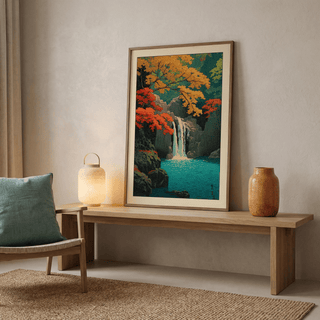 Autumn maple canopy overlooking cascading river in vintage print style