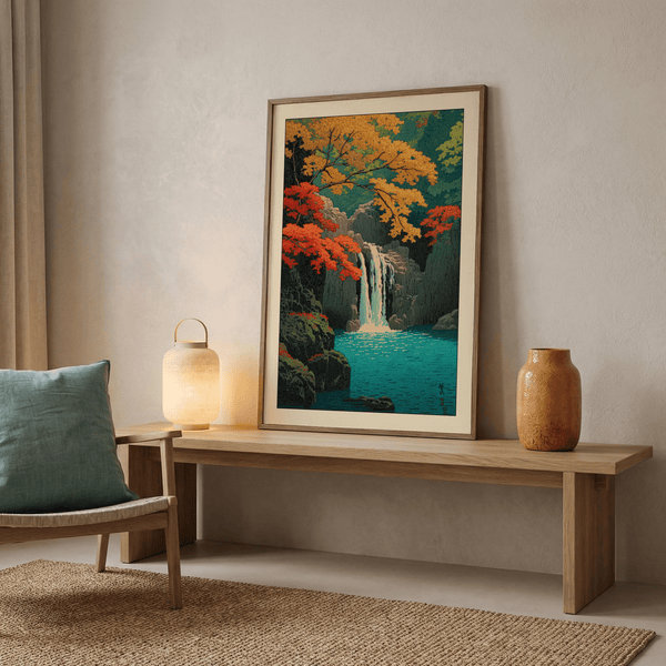 Autumn maple canopy overlooking cascading river in vintage print style