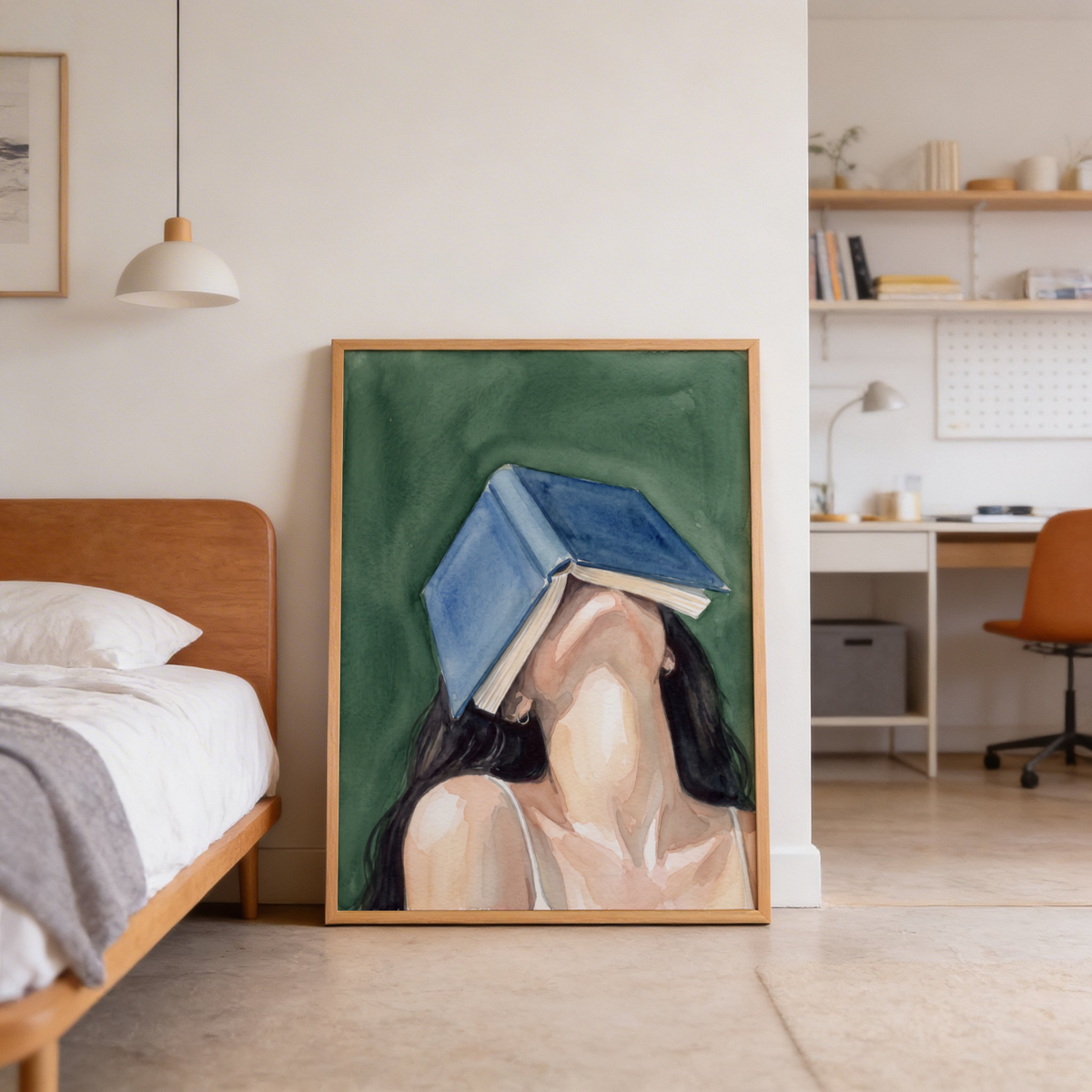 Minimal portrait wall art print of a faceless woman holding an open book across her eyes