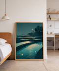 Blue and Beige rice paddy wall art print featuring moon glow and water reflections