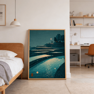 Blue and Beige rice paddy wall art print featuring moon glow and water reflections