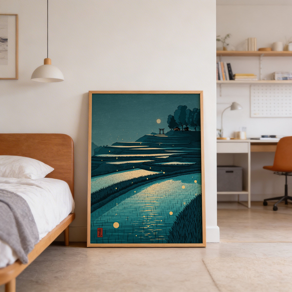 Blue and Beige rice paddy wall art print featuring moon glow and water reflections