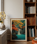Hasui Kawase waterfall print featuring overhanging branches and water flow