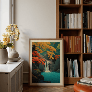 Hasui Kawase waterfall print featuring overhanging branches and water flow