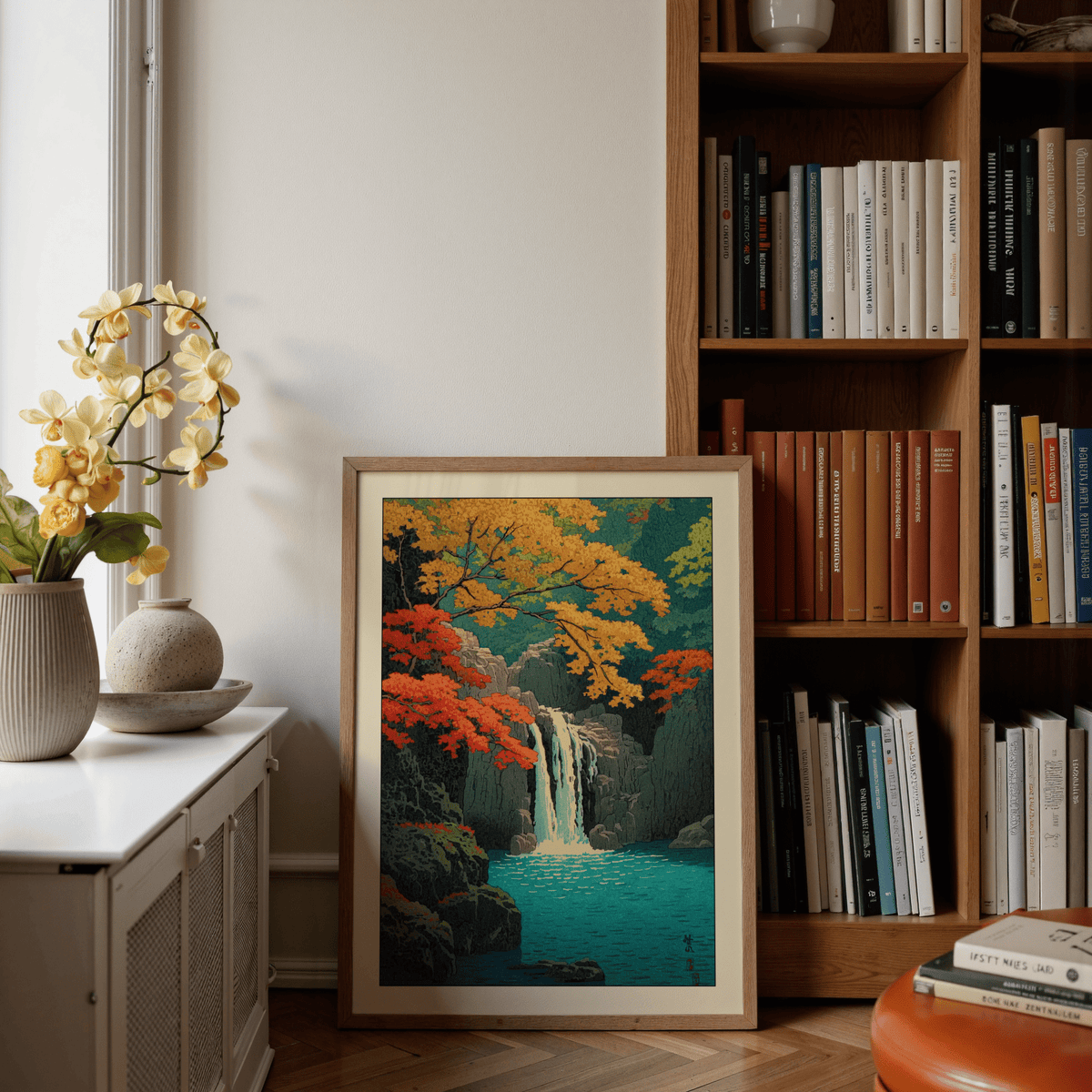 Hasui Kawase waterfall print featuring overhanging branches and water flow