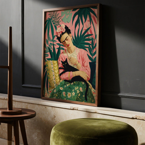 Frida Kahlo and cat artwork with floral dress and delicate background pattern.