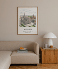 Cityscape poster print showing Milan Cathedral plaza area with trees, streets, and buildings around the Duomo