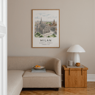 Cityscape poster print showing Milan Cathedral plaza area with trees, streets, and buildings around the Duomo