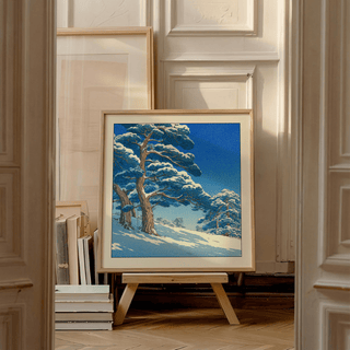 Detail crop of pine boughs with snow caps in Hasui Kawase snowy pines art print