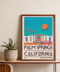 Graphic Palm Springs Art Print with palm trees, large sun, and low modern architecture
