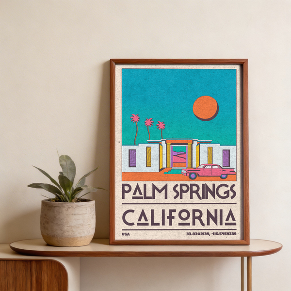 Graphic Palm Springs Art Print with palm trees, large sun, and low modern architecture