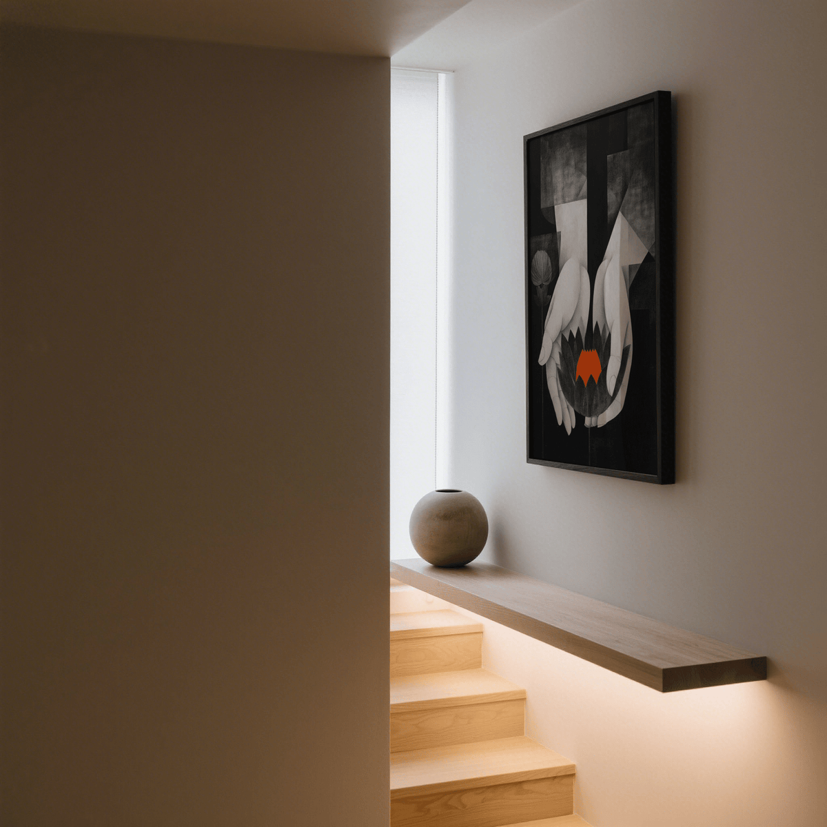 Minimalist abstract lotus wall art poster featuring two hands and geometric background shapes